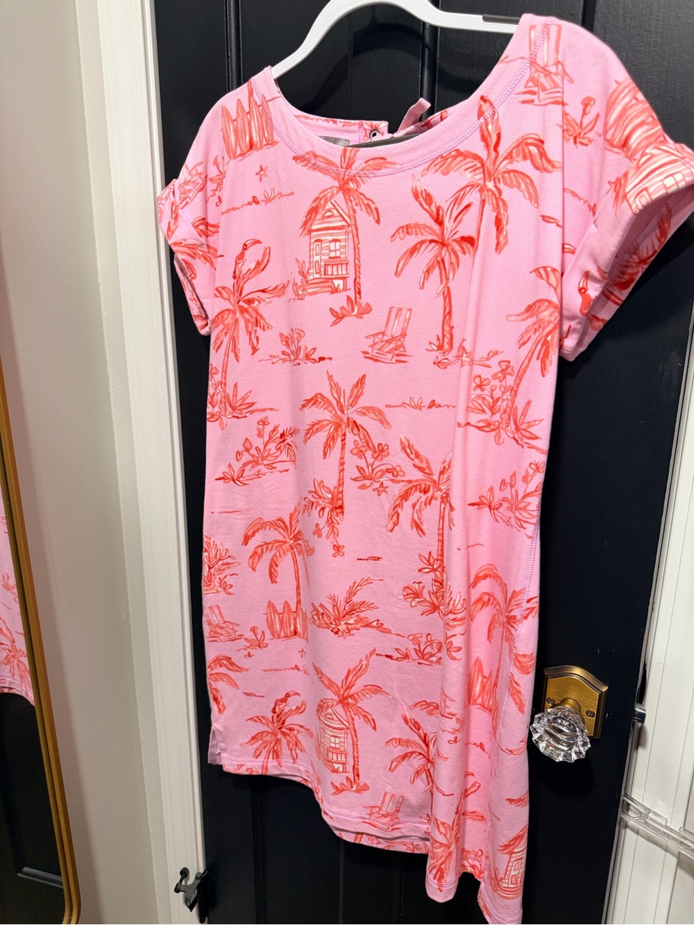 Talbots Pink Tee Dress with Coral Palm Print